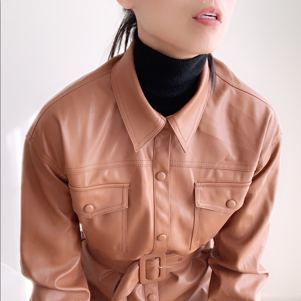 Faux Leather Belted Shirt Jacket in Cognac - Picture 5 of 7
